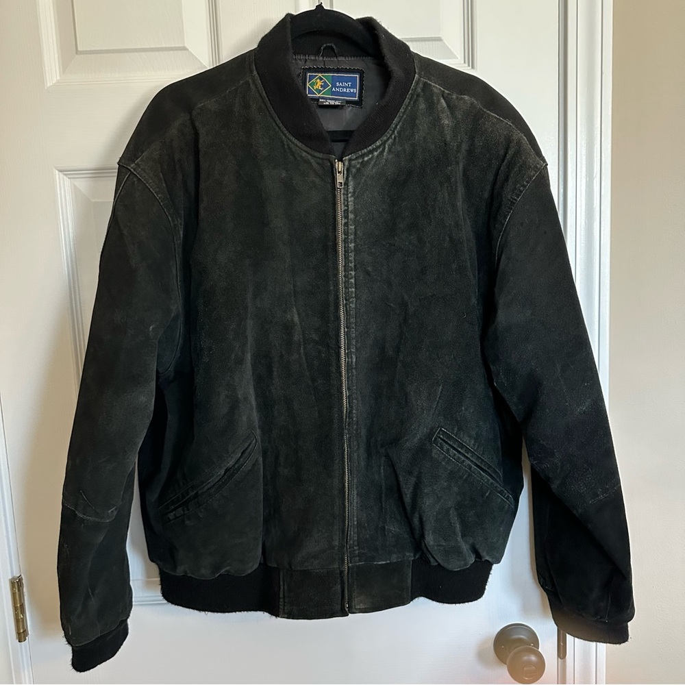 Vintage St Andrew Black Suede Bomber Jacket, sz L